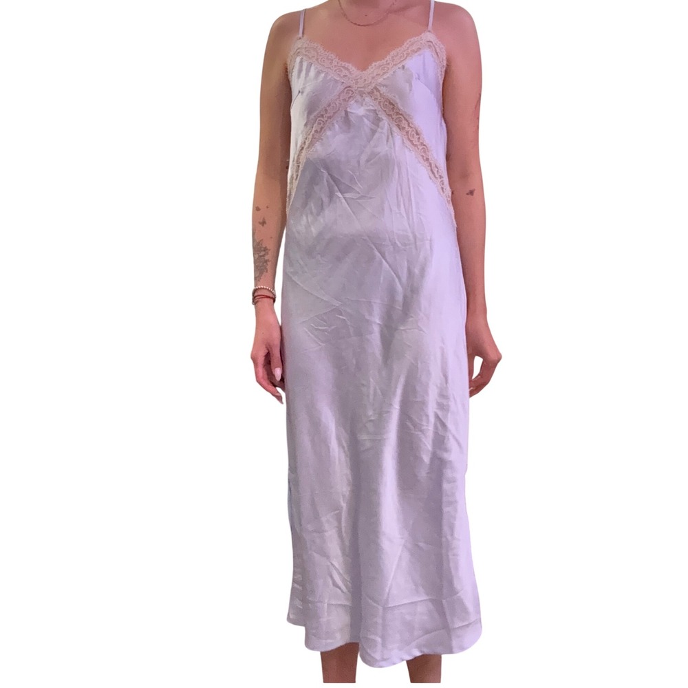 Light Blue Satin Lace Trim Midi Slip Dress